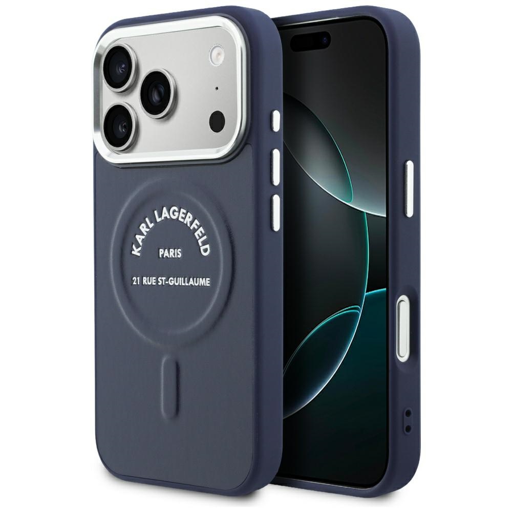 Karl Lagerfeld Embossed Open Ring RSG Logo MagSafe vāciņš iPhone 18 Pro Max / 17 Pro Max; krāsa: zila