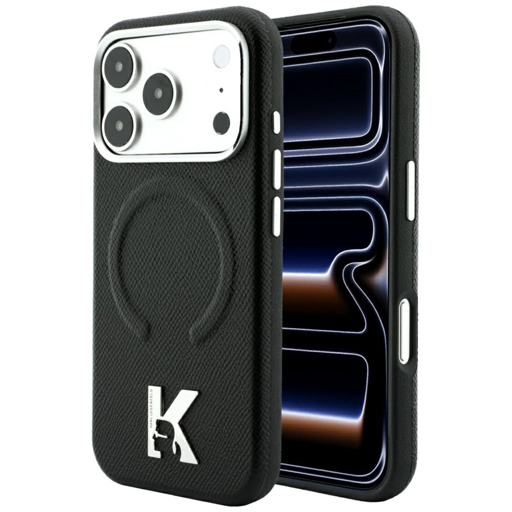 Karl Lagerfeld Grained Embossed Ring & Kameo Logo vāciņš modelim iPhone 18 Pro Max / 17 Pro Max, saderīgs ar MagSafe – melns