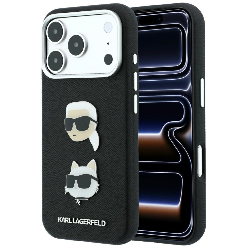 Karl Lagerfeld Saffiano Karl & Choupette Heads Pins & Logo vāciņš modelim iPhone 18 Pro / 17 Pro – melns