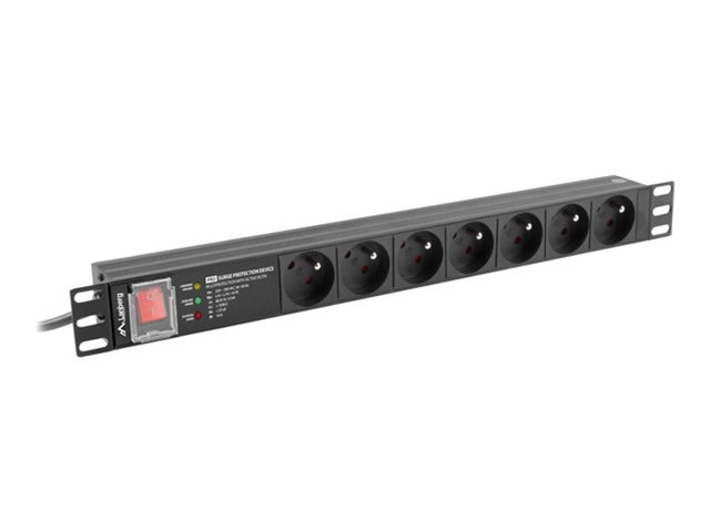 Lanberg PDU-PRO-07E-0200-BK 19 collu 1U statnes barošanas sadales bloks, 16 A, 7× French kontaktligzdas, 2 m kabelis, melns