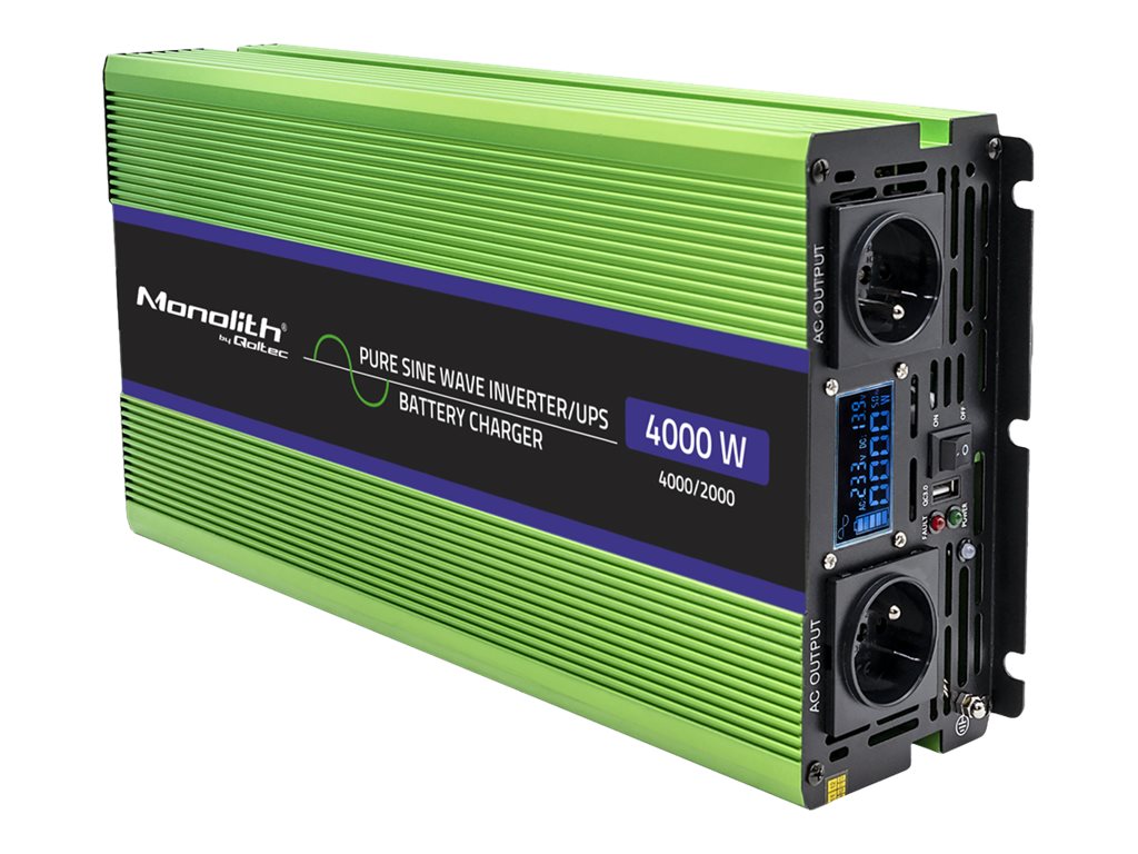 Qoltec 51943 Monolith – tīra sinusoidālā viļņa invertors, akumulatora lādētājs un UPS, 4000 W maksimālā / 2000 W nepārtrauktā jauda, 12 V uz 230 V, LCD (51943)