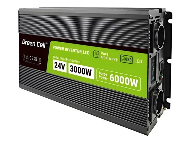 Green Cell INVGC24P3000LCD tīra sinusoidāla sprieguma invertors ar LCD ekrānu, 24 V uz 230 V, 3000 W / 6000 W