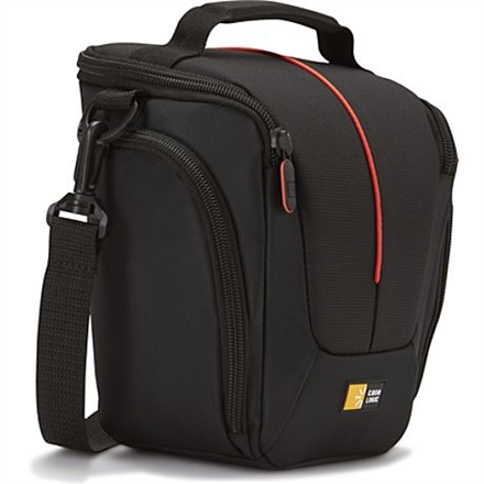 Case Logic DCB-306 melna soma spoguļkamerai ar pievienotu standarta tālummaiņas objektīvu; iekšējā kabata ar rāvējslēdzēju kartēm, filtram vai drāniņai, sānu kabatas ar rāvējslēdzēju baterijai, kabeļiem un objektīva vāciņam