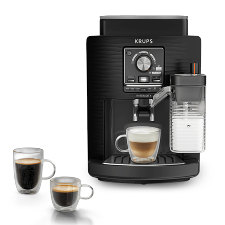 Melns pilnībā automātisks kafijas automāts Krups EA5028E0 Intensity Milk, 15 bāru sūknis, iebūvēts piena putotājs, 1450 W
