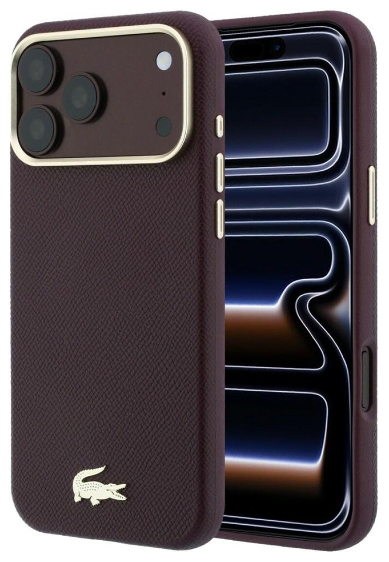 Bordo Lacoste Champs Elysees PU ādas MagSafe vāciņš ar zelta logotipu Apple iPhone 18 Pro