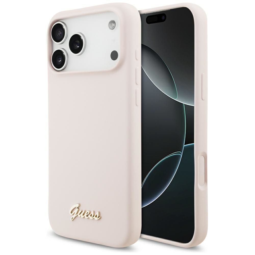 rozā Guess Silicone Script Metal Logo MagSafe vāciņš modeļiem Iphone 18 Pro Max / iPhone 17 Pro Max