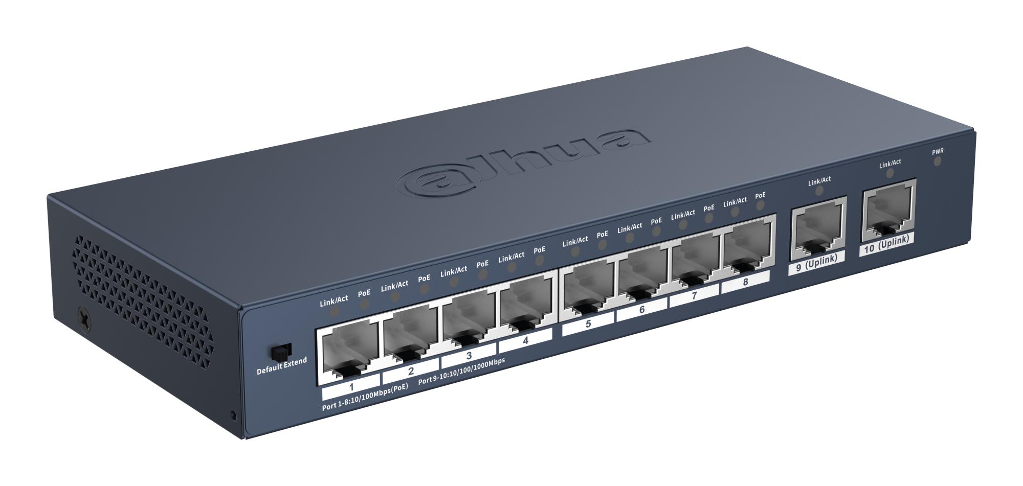Dahua S3010-8ET2GT-90 nepārvaldāms tīkla komutators, 8 RJ-45 Fast Ethernet (10/100) porti, PoE