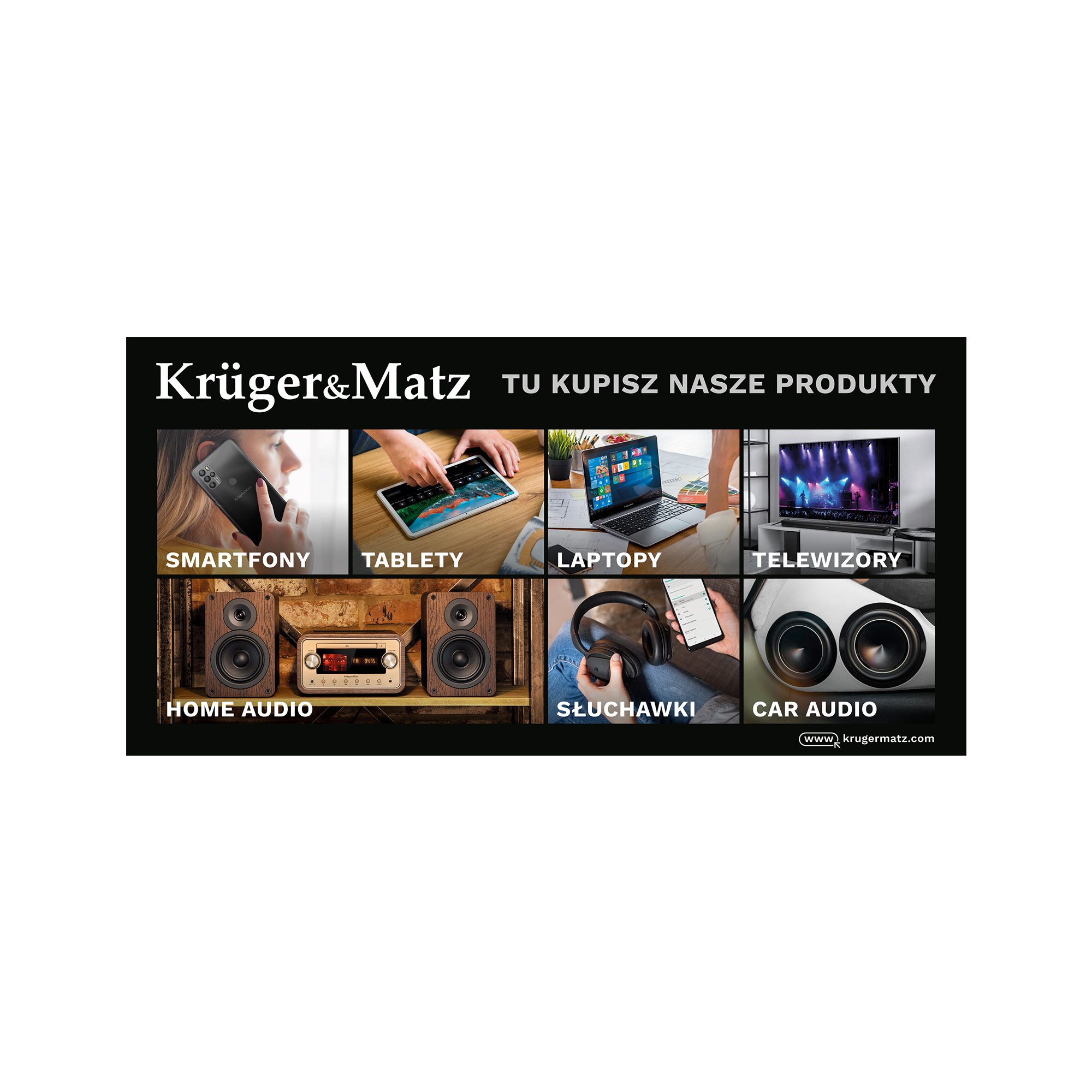Kruger&Matz reklāmas baneris “Šeit varat iegādāties mūsu produktus”, 200 × 100 cm