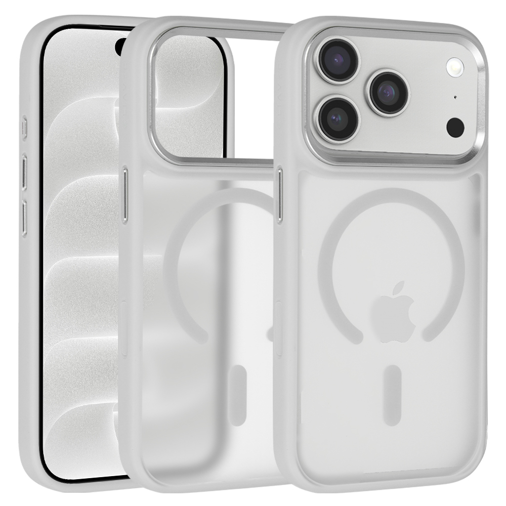 Liavec Cloudy vāciņš ar metāla kameras ietvaru, paredzēts iPhone 18 Pro Max/17 Pro Max, pelēks (kameras vadības poga)