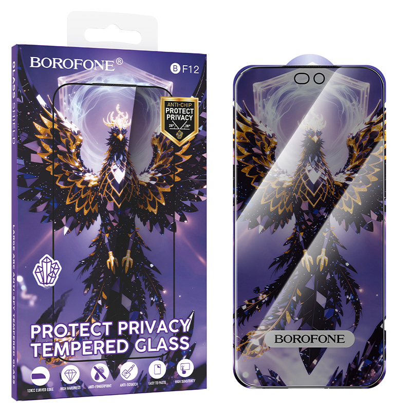 Borofone BF12 Armor Shield visu ekrānu nosedzošs rūdīts stikls ekrānam, privātuma filtrs, paredzēts iPhone 17e/16e/14/13/13 Pro